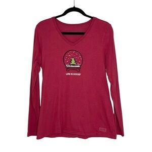 LIFE IS GOOD Snowglobe Christmas Long Sleeve V Neck Crusher Tee size Medium